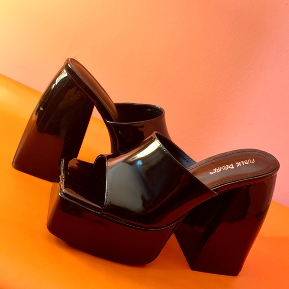 Public Desire Black, Faux Patent Leather Platform Square-Toe Mules Women's 8 - Picture 3 of 11